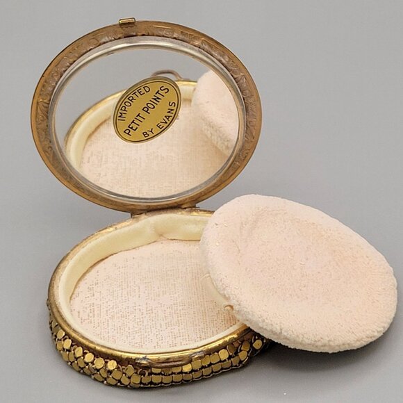 Evans Floral Petit Point Collapsible Compact With Puff Gold Tone Mesh Vtg 1930s - Picture 2 of 10
